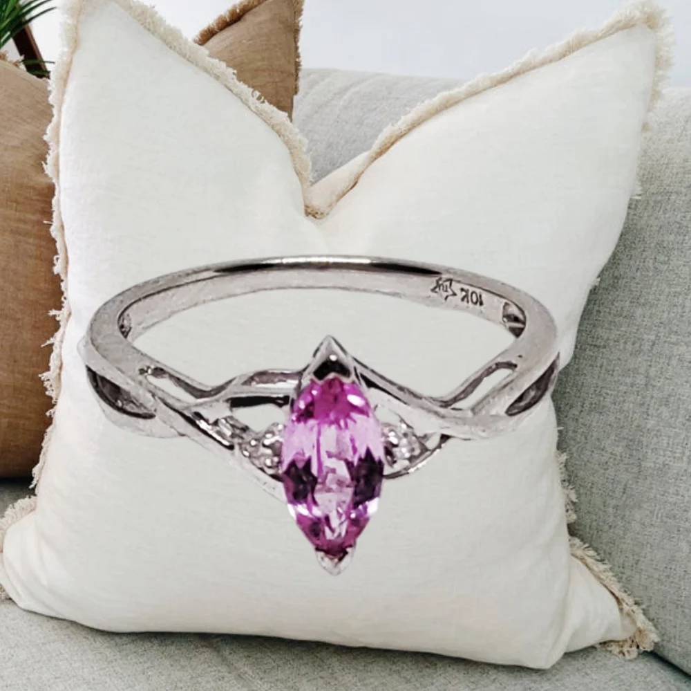 Solid 10K Gold Engagement Ring with Pink Sapphire Gemstone and small Diamonds